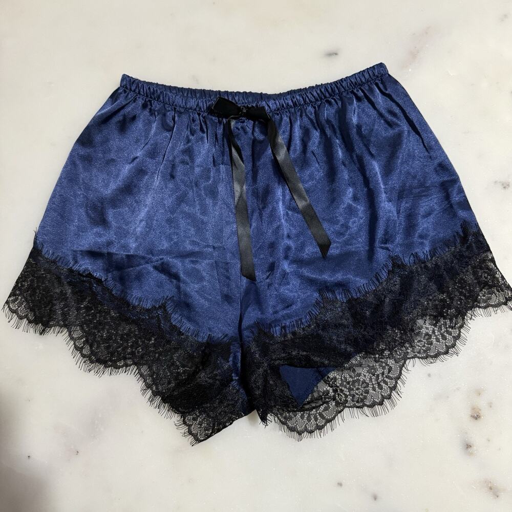 Navy Satin Pull-On Shorts Black Lace Trim Bowknot Pajama Sleepwear Lounge